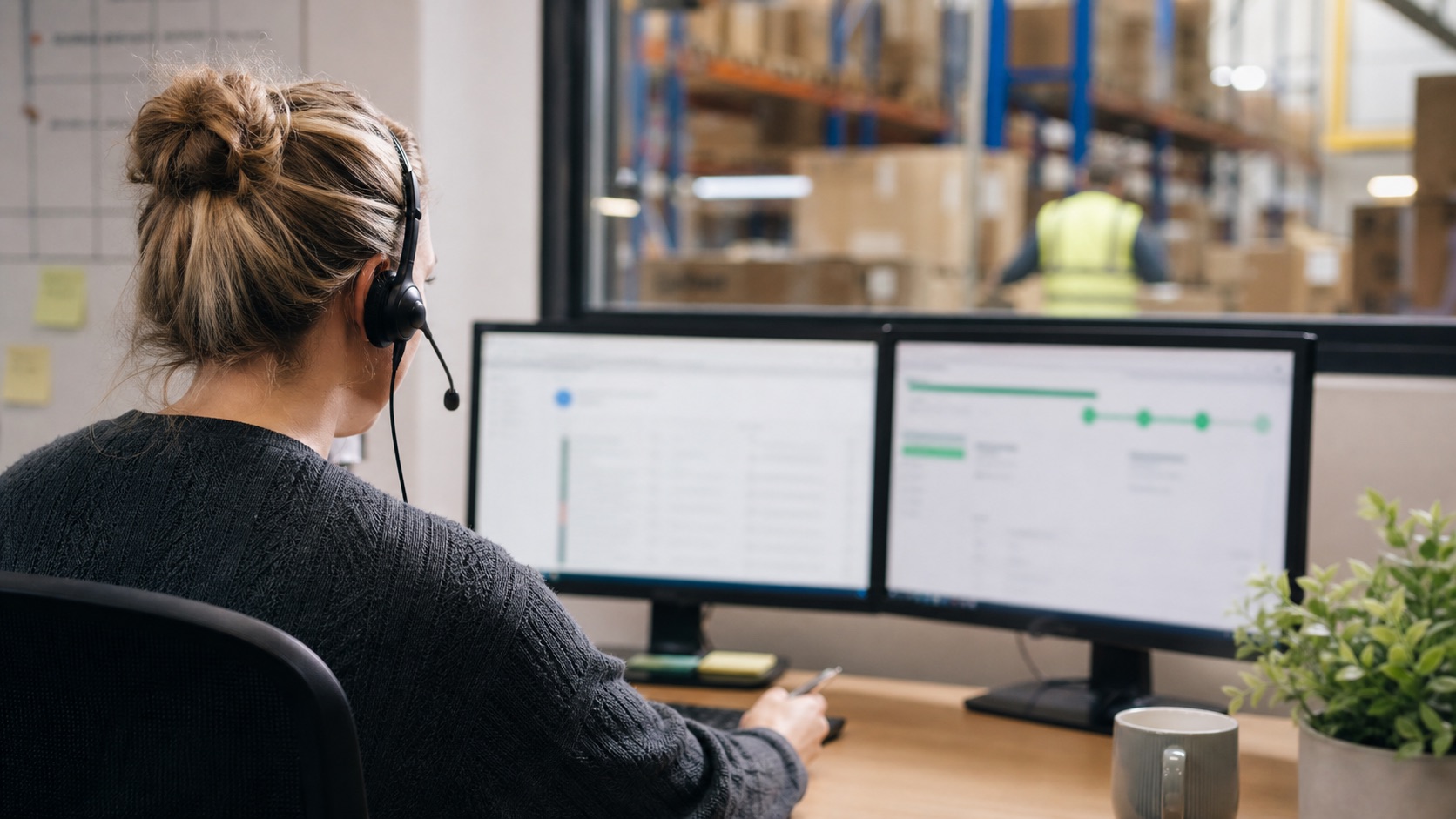 E-commerce customer-service adviser using a shared inbox and parcel-tracking workstation