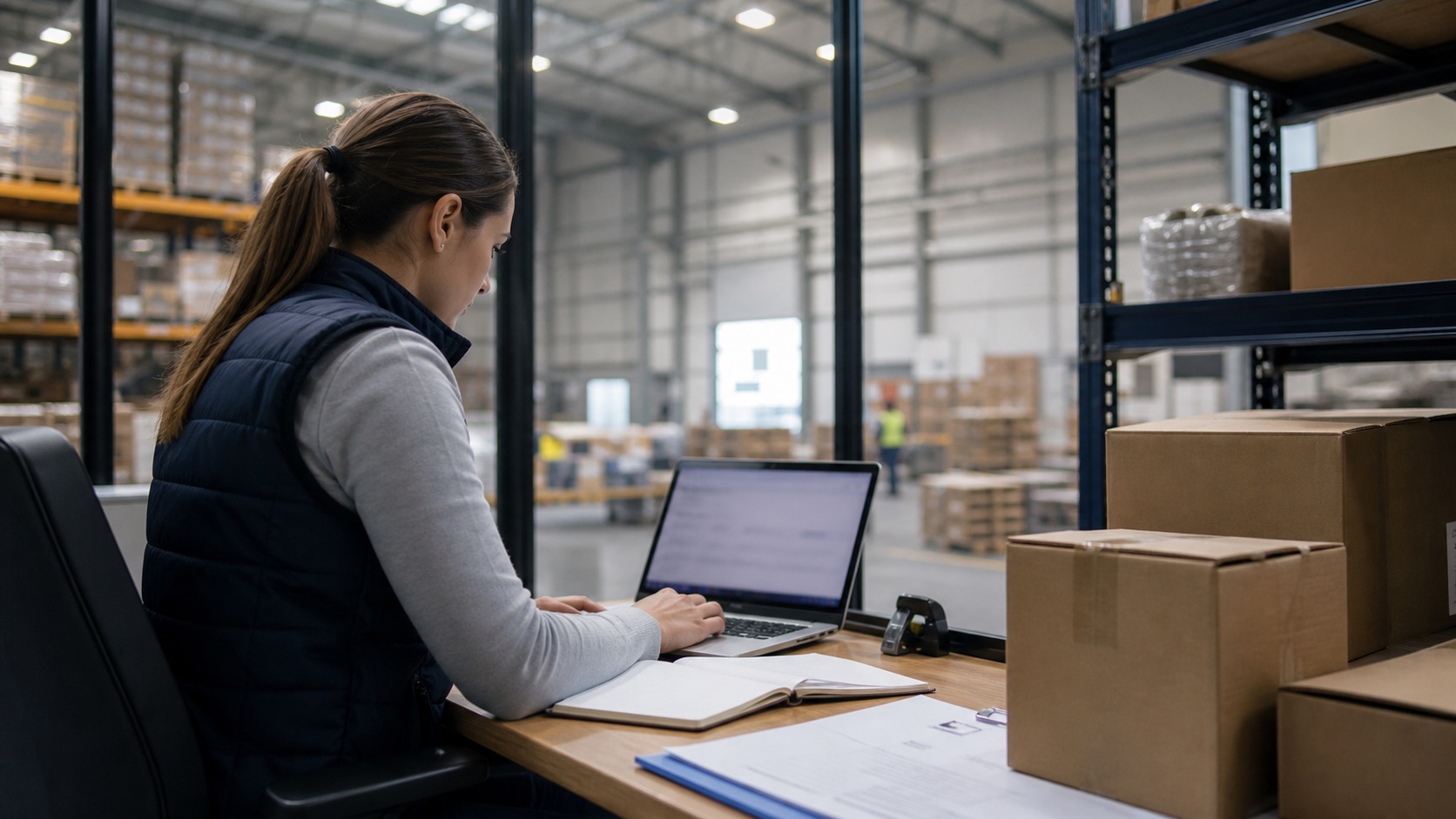 Warehouse planning professional reviewing replenishment information on a laptop