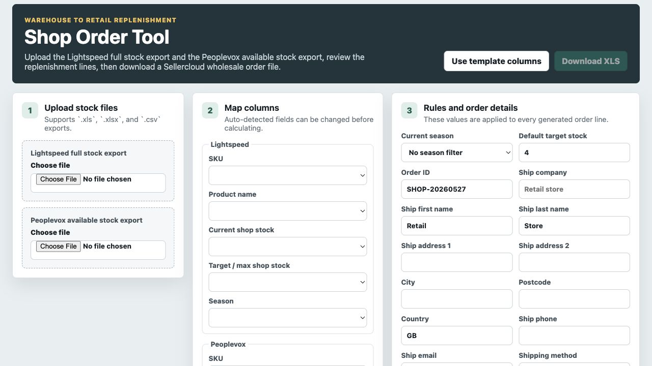 Shop Order Tool interface mapping Lightspeed and Peoplevox stock data into a Sellercloud wholesale order